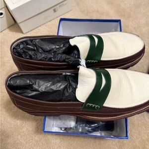 Men's Brown and Cream Loafers with Green Accent
